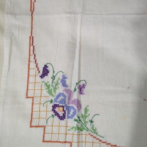 Vtg hand cross stitched table - cross,